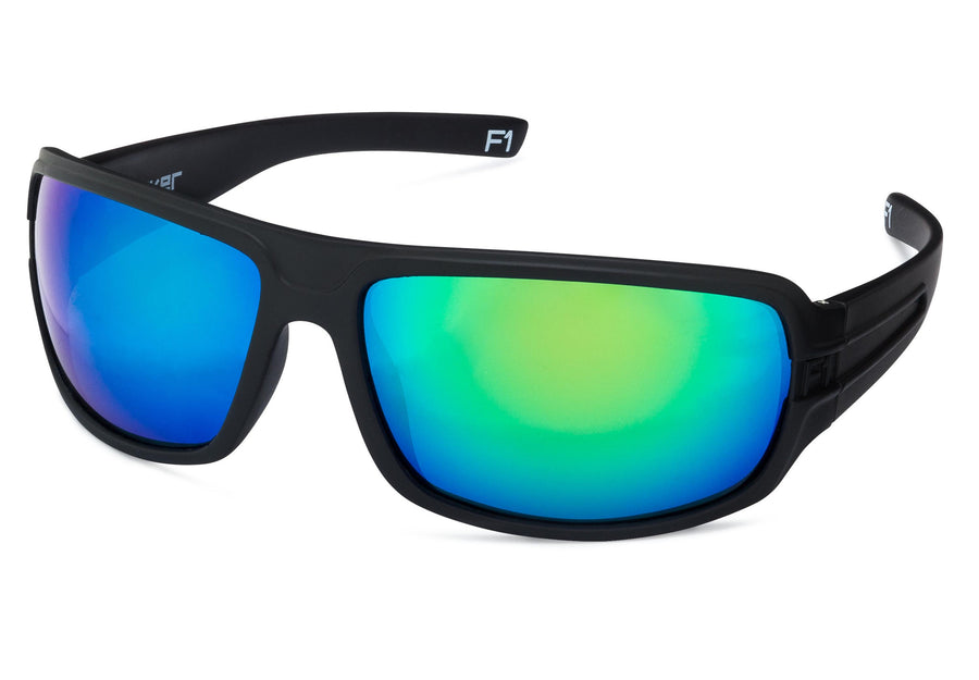 F1 Series Stealth Black Green Lenses Striyker Sunglasses